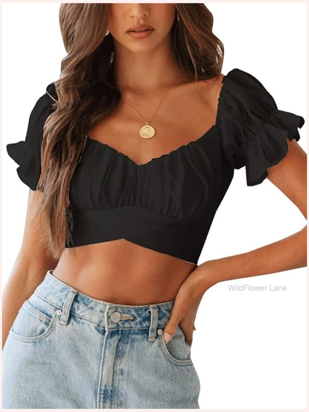 Crop Top with Ruffle Trim Tie Back Puff Sleeve Blouse